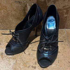Christian Dior Navy Blue Lace-Up Peep-Toe Heels